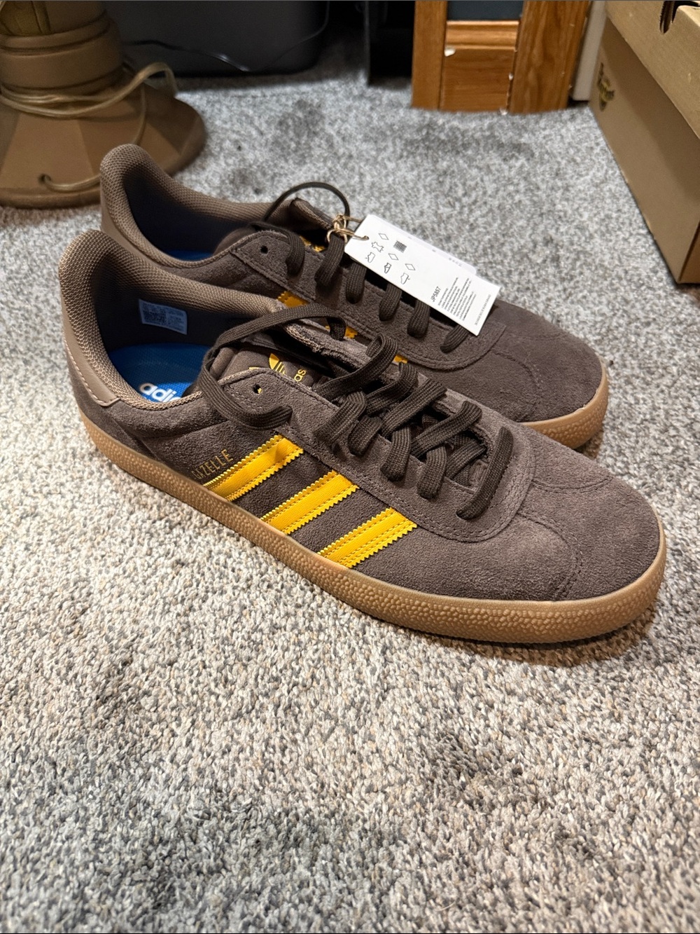 adidas Gazelle Brown Suede Sneakers with Yellow Stripes